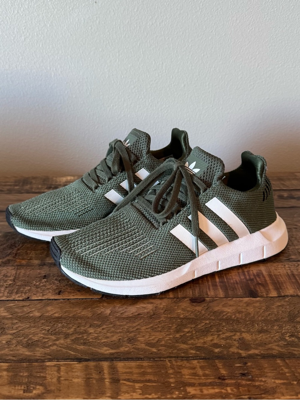 adidas Swift Run Women's Olive Green Knit Athletic Sneakers with White Stripes - Picture 5 of 10